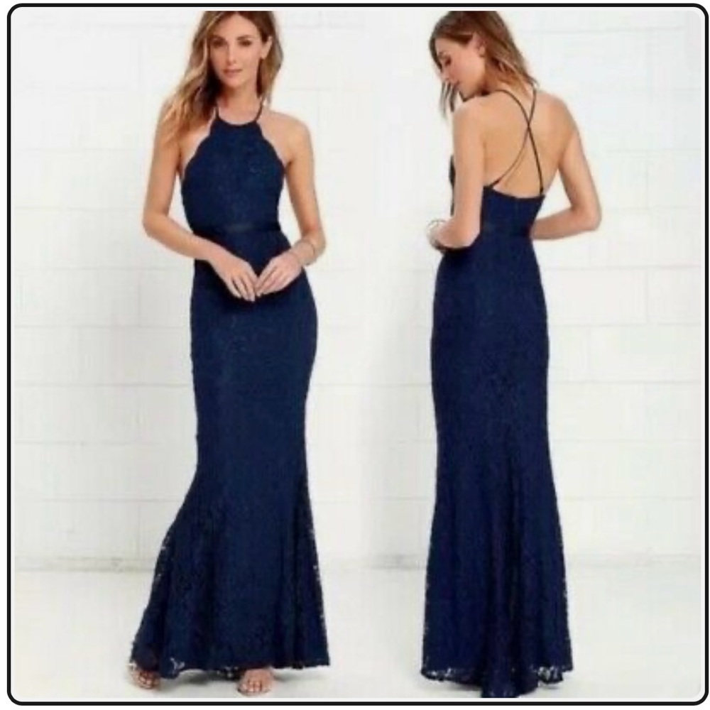 Elegant Navy Blue Lace Halter Dress